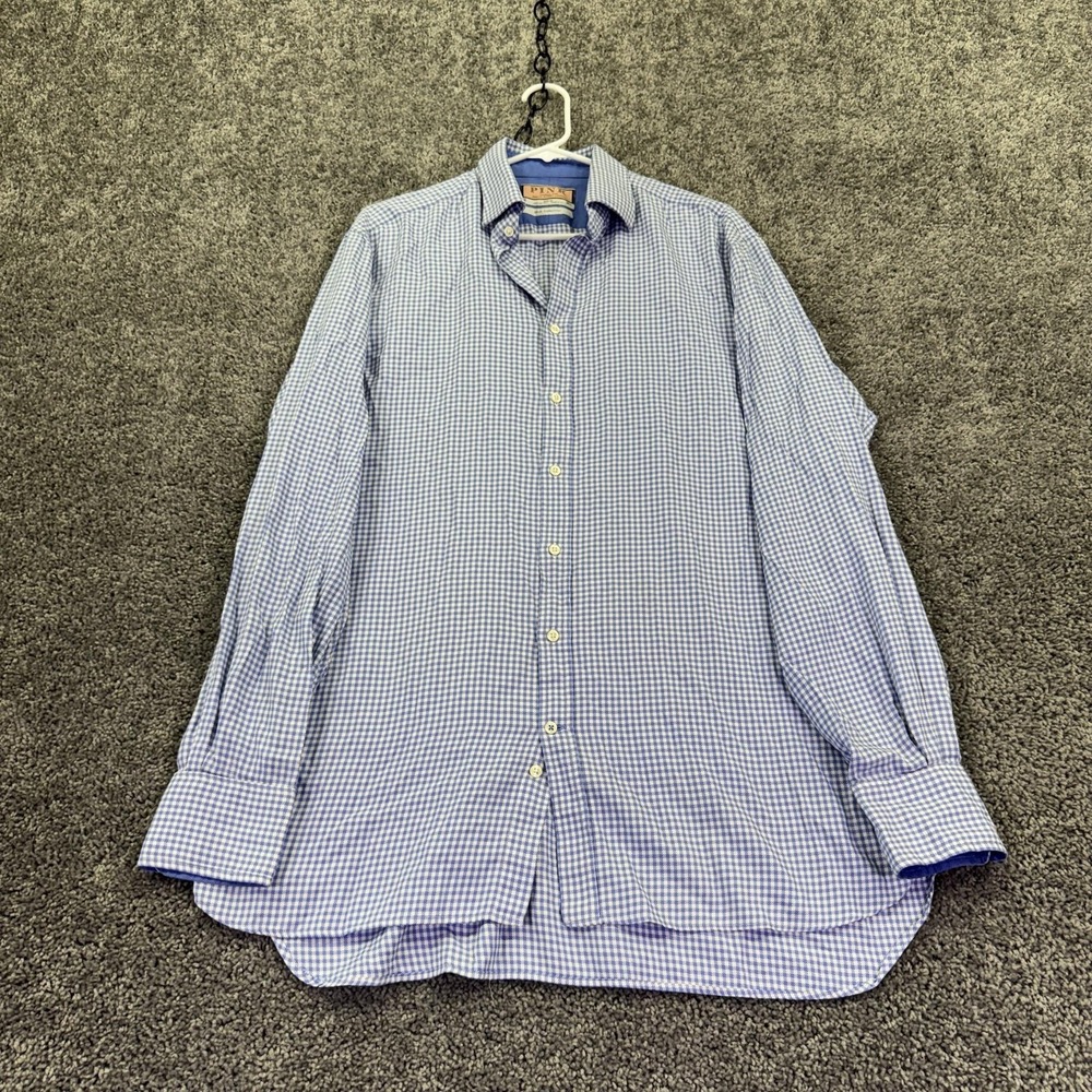 Thomas Pink Shirt Mens 16 Blue Gingham Long Sleeve Button Dress Shirt Cotton